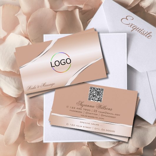 Chic Rose Gold Corve Curved Lines Logo und QR Code Visitenkarte