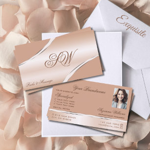 Chic Rose Gold Corvell Curved Lines Monogram Foto Visitenkarte