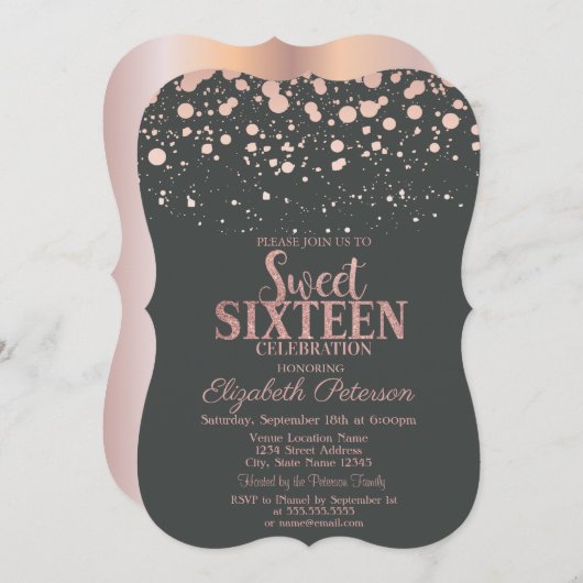 Chic Rose Gold Dots Gray Sweet 16 Einladung (Vorne/Hinten)