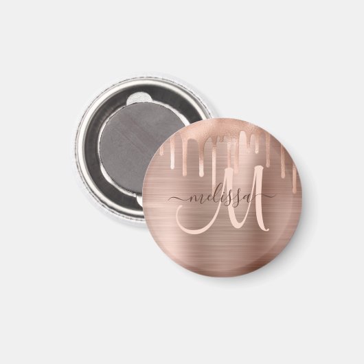 Chic Rose Gold Dripping Brushed Metal Blush Script Magnet (Vorderseite/Rückseite)