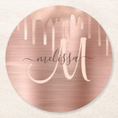 Chic Rose Gold Dripping Brushed Metal Blush Script Runder Pappuntersetzer (Vorderseite)