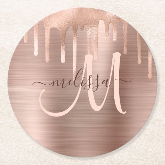 Chic Rose Gold Dripping Brushed Metal Blush Script Runder Pappuntersetzer (Vorderseite)