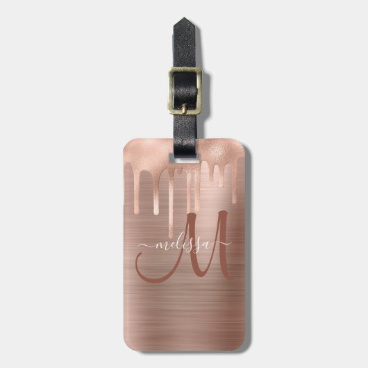 Chic Rose Gold Dripping Brushed Metal Monogram Gepäckanhänger (Vorderseite vertikal)