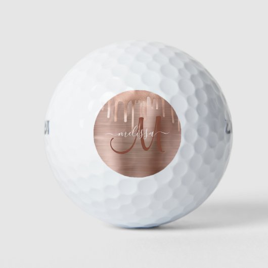 Chic Rose Gold Dripping Brushed Metal Monogram Golfball (Vorderseite)