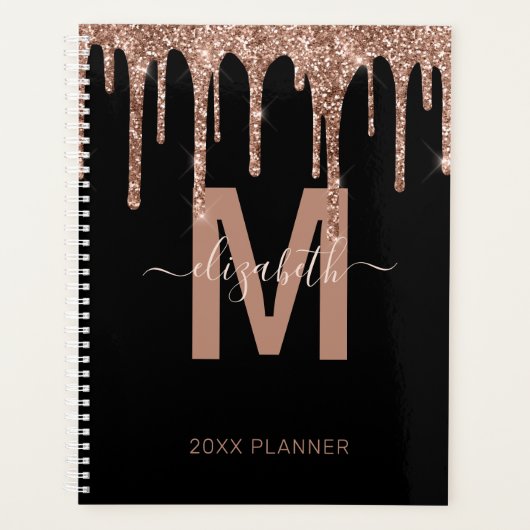 Chic Rose Gold Dripping Glitzer Monogram Name 2023 Planer (Vorderseite)