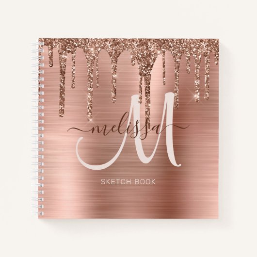 Chic Rose Gold Dripping Glitzer Monogram Sketch Notizblock (Vorderseite)