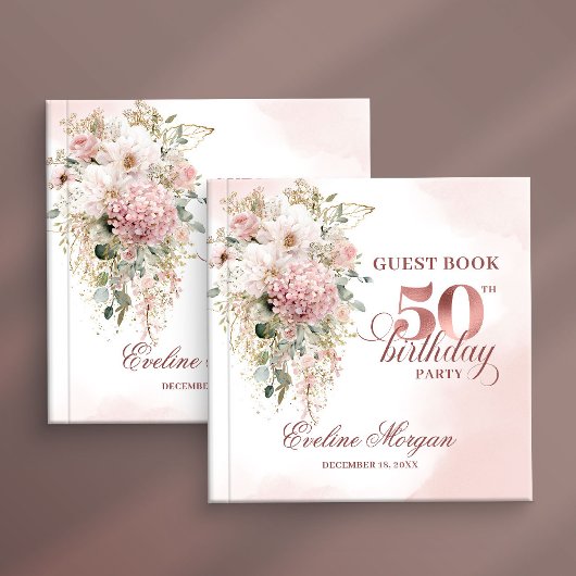 Chic Rose Gold Eucalyptus 50th Birthday Guest Book Gästebuch