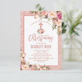 Chic Rose Gold Floral Christening Baby Girl Einladung (Stehend Vorderseite)