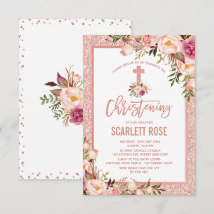 Chic Rose Gold Floral Christening Baby Girl Einladung