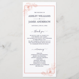 Chic Rose Gold Floral Kontur Navy Blue Wedding Programm