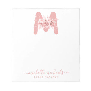 Chic Rose Gold Floral Watercolor Monogram Notizblock