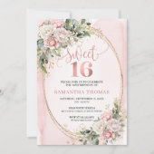 Chic Rose Gold Flowers and Greenery Sweet Sixteen Einladung (Vorderseite)