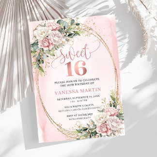Chic Rose Gold Flowers and Greenery Sweet Sixteen Einladung