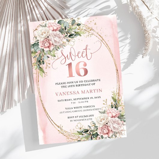 Chic Rose Gold Flowers and Greenery Sweet Sixteen Einladung
