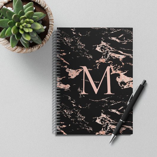 Chic Rose Gold Foil Black Marble Monogram Notizblock