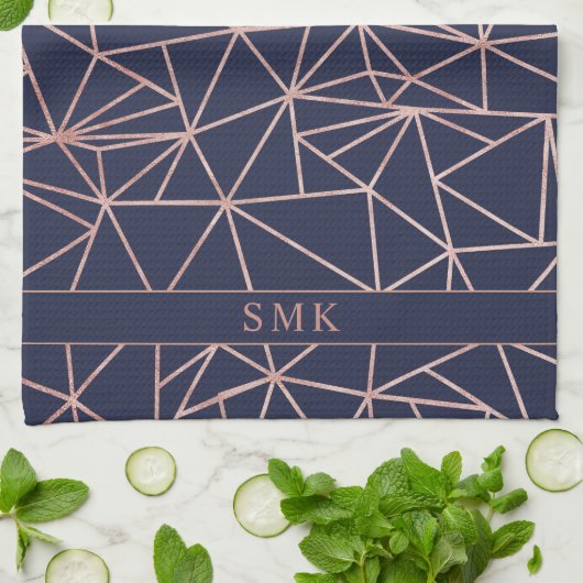 Chic Rose Gold Foil Geometric Polygon Navy Blue Geschirrtuch (Gefaltet)