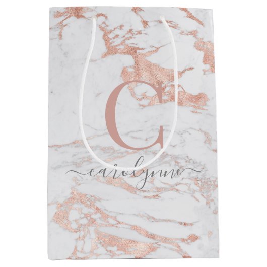 Chic Rose Gold Foil Marmor Monogramm Mittlere Geschenktüte (Vorderseite)
