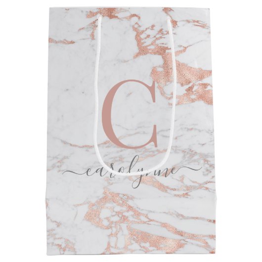 Chic Rose Gold Foil Marmor Monogramm Mittlere Geschenktüte (Rückseite)