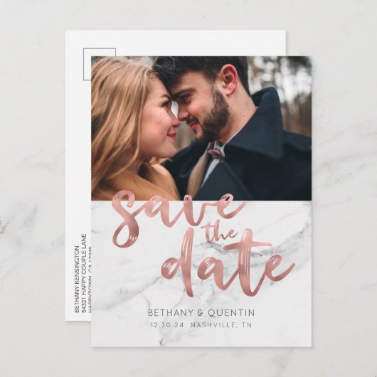 Chic Rose Gold Foil Script Marmor Save the Date Ankündigungspostkarte (Vorne/Hinten)