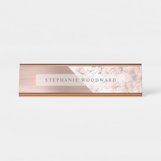 Chic Rose Gold gebürstetes Metall Rosa Marmor Schreibtischnamensplakette (Vorderseite )