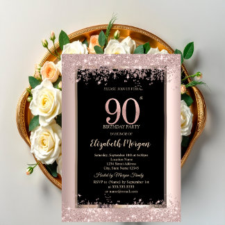 Chic Rosé Gold Glitter Funkeln 90. Geburtstag  Einladung