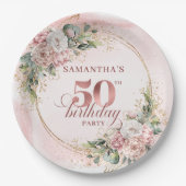 Chic Rose Gold Glitter Number 50th Birthday Floral Pappteller (Vorderseite)