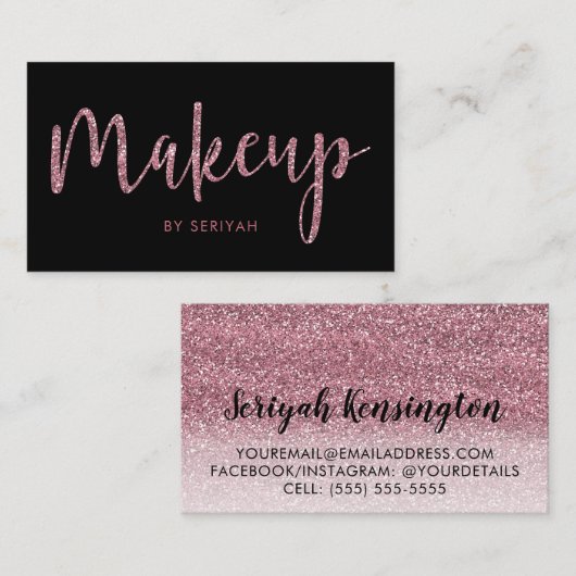 Chic Rose Gold Glitzer auf Black Makeup Artist Visitenkarte (Vorne/Hinten)