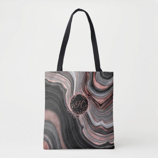 Chic Rose Gold Glitzer Black Marble Monogram Tasche (Vorderseite)