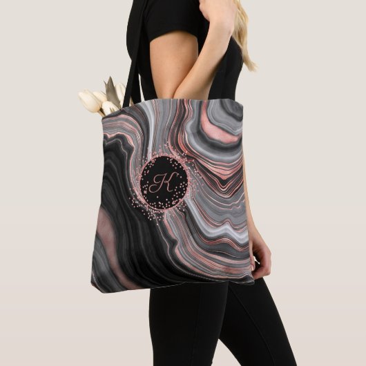 Chic Rose Gold Glitzer Black Marble Monogram Tasche (Von Nahem)
