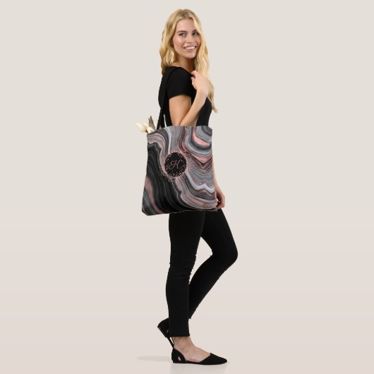Chic Rose Gold Glitzer Black Marble Monogram Tasche (Am Model)