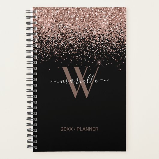 Chic Rose Gold Glitzer Black Monogram 2024 Planer (Vorderseite)