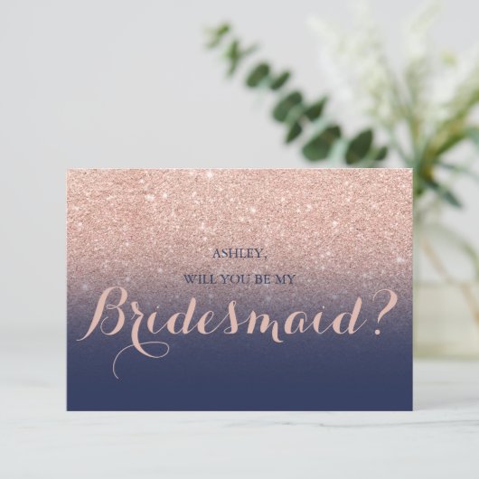 Chic Rose Gold Glitzer blau meine Bridesmaid Einladung (Stehend Vorderseite)