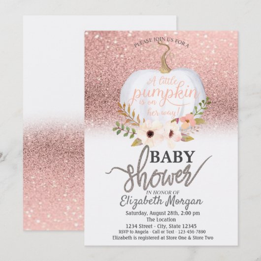Chic Rose Gold Glitzer Bokeh, Pumpkin Baby Dusche Einladung (Vorne/Hinten)