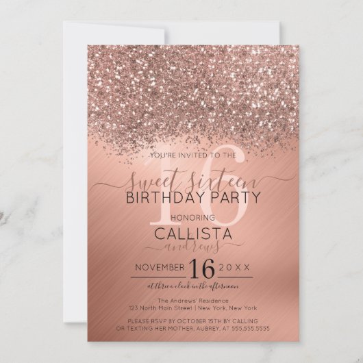 Chic Rose Gold Glitzer Confetti Metallic Sweet 16 Einladung (Vorderseite)