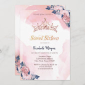 Chic Rose Gold Glitzer Crown Blume Sweet 16 Einladung (Vorne/Hinten)