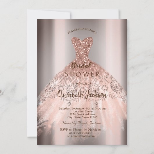 Chic Rose Gold Glitzer Dress, Brautparty Einladung (Vorderseite)