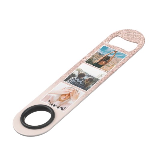 Chic Rose Gold Glitzer errötet 3 Foto Gitter Monog Speed Flaschenöffner (Vorderseite Schrägansicht)
