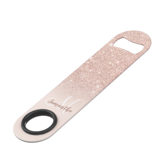 Chic Rose Gold Glitzer errötet 3 Foto Gitter Monog Speed Flaschenöffner (Rückseite Schrägansicht)