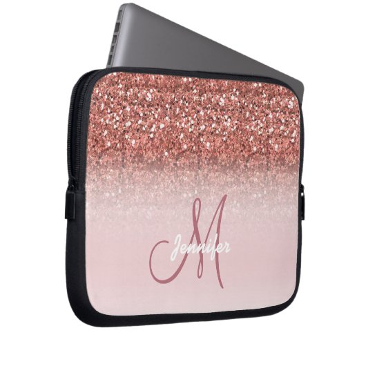 Chic Rose Gold Glitzer Glitzern Girly Monogram Laptopschutzhülle (Vorne Rechts)