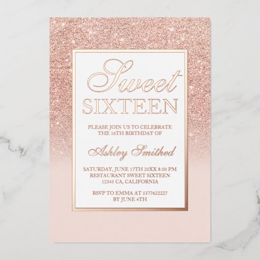 Chic Rose Gold Glitzer Glitzern ombre Sweet 16 Folieneinladung (Vorderseite)