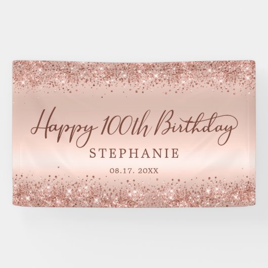 Chic Rose Gold Glitzer Happy 100. Geburtstag Banner (Horizontal)
