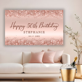 Chic Rose Gold Glitzer Happy 50th Birthday Script Banner