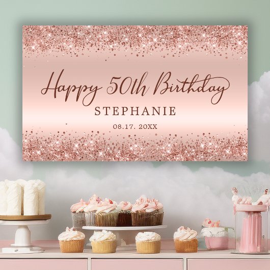 Chic Rose Gold Glitzer Happy 50th Birthday Script Banner