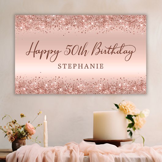 Chic Rose Gold Glitzer Happy 50th Birthday Script Banner