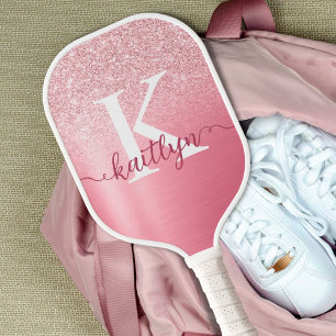 Chic Rose Gold Glitzer Monogram Script Name Pickleball Schläger