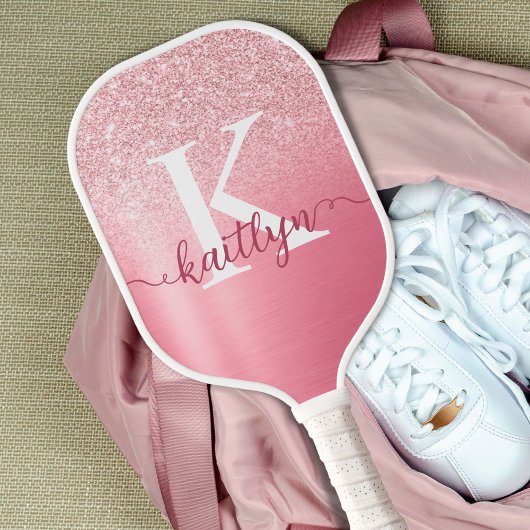 Chic Rose Gold Glitzer Monogram Script Name Pickleball Schläger