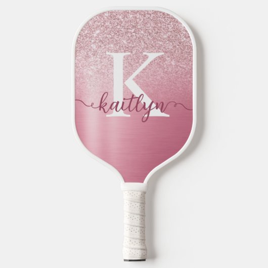 Chic Rose Gold Glitzer Monogram Script Name Pickleball Schläger (Vorderseite)