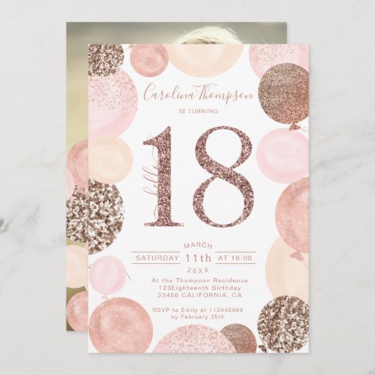 Chic Rose Gold Glitzer Rosa Ballon Foto 18. Einladung (Vorne/Hinten)