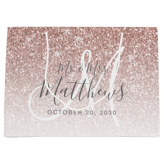 Chic Rose Gold Glitzer Script Monogram Wedding Große Geschenktüte (Vorderseite)