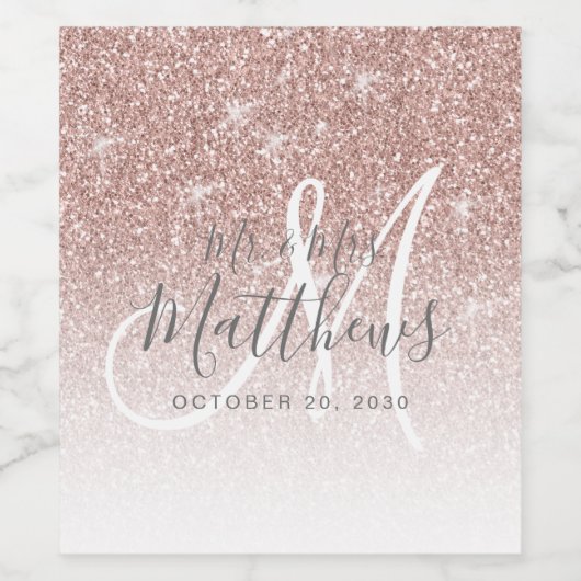 Chic Rose Gold Glitzer Script Monogram Wedding Weinetikett (Einzelnes Label)